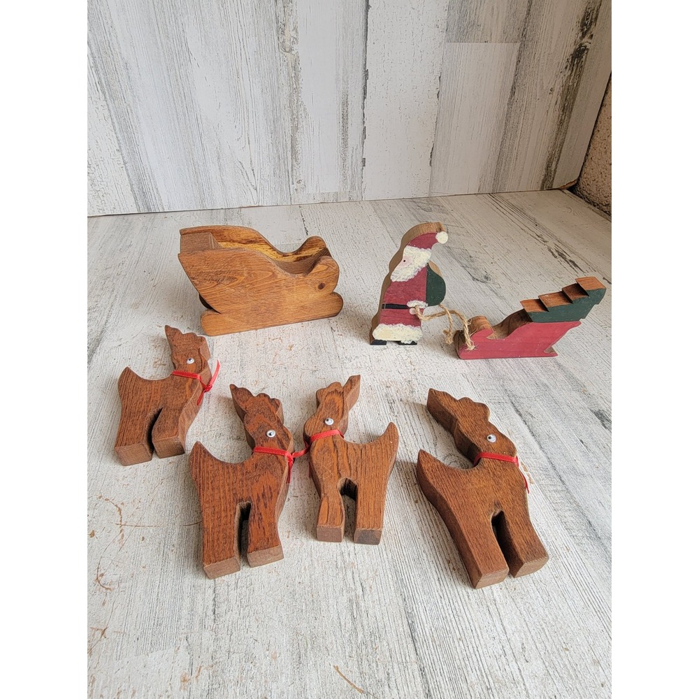 Wooden vintage reindeer sleigh Santa Claus Xmas set unique home decor figure